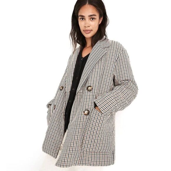 MADEWELL Padded Shoulder Blazer in houndstooth/plaid. - Picture 1 of 4